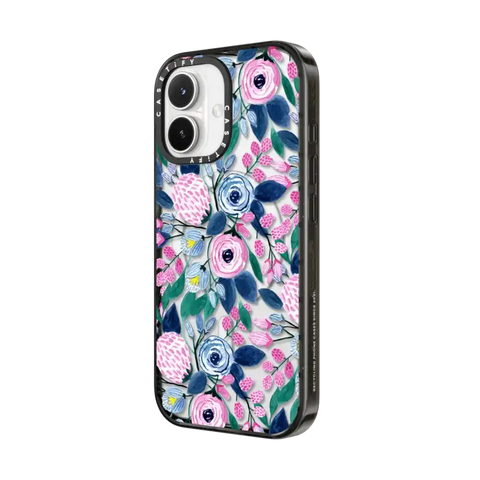Girly Pink Navy Blue Watercolor Flowers Roses Leaves Pattern