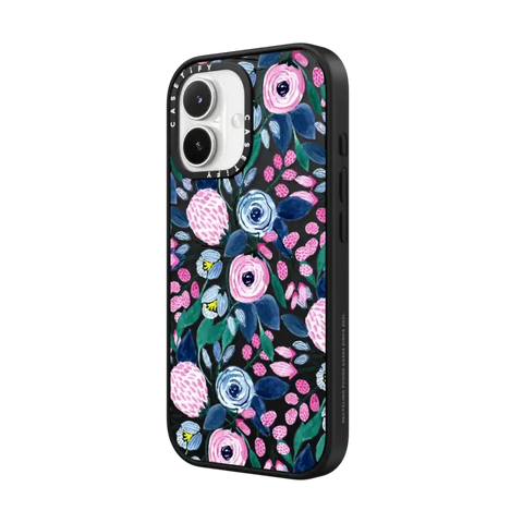 Girly Pink Navy Blue Watercolor Flowers Roses Leaves Pattern