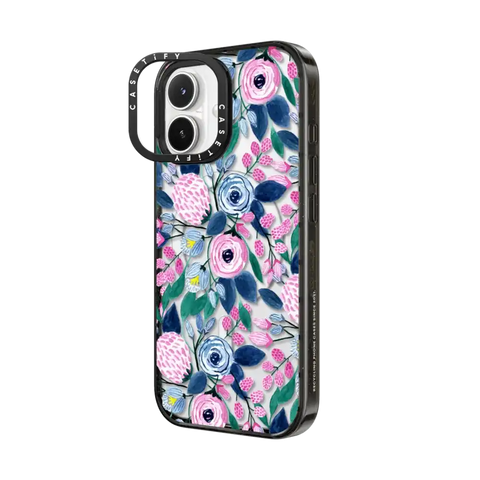 Girly Pink Navy Blue Watercolor Flowers Roses Leaves Pattern