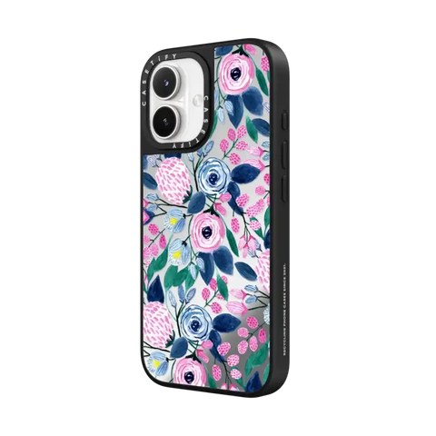 Girly Pink Navy Blue Watercolor Flowers Roses Leaves Pattern