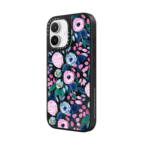 Girly Pink Navy Blue Watercolor Flowers Roses Leaves Pattern