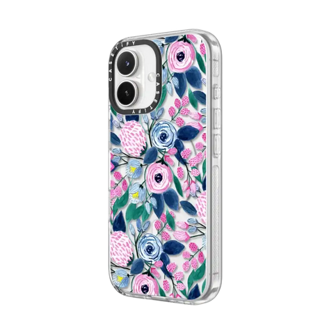 Girly Pink Navy Blue Watercolor Flowers Roses Leaves Pattern
