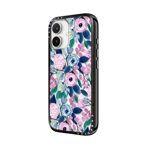 Girly Pink Navy Blue Watercolor Flowers Roses Leaves Pattern