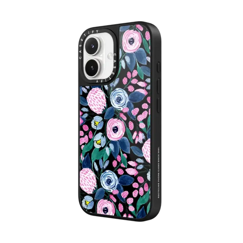 Girly Pink Navy Blue Watercolor Flowers Roses Leaves Pattern