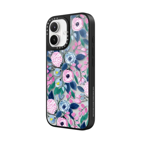 Girly Pink Navy Blue Watercolor Flowers Roses Leaves Pattern