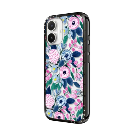 Girly Pink Navy Blue Watercolor Flowers Roses Leaves Pattern