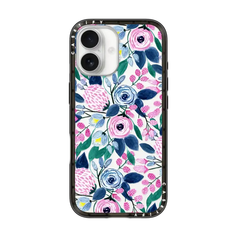 Girly Pink Navy Blue Watercolor Flowers Roses Leaves Pattern