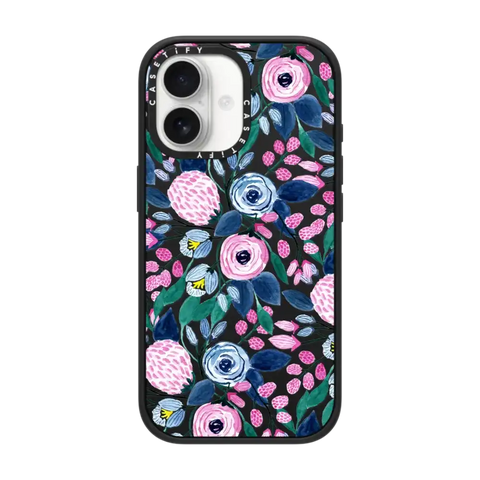 Girly Pink Navy Blue Watercolor Flowers Roses Leaves Pattern