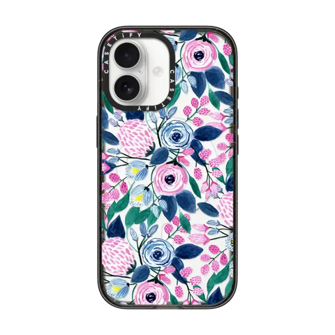 Girly Pink Navy Blue Watercolor Flowers Roses Leaves Pattern