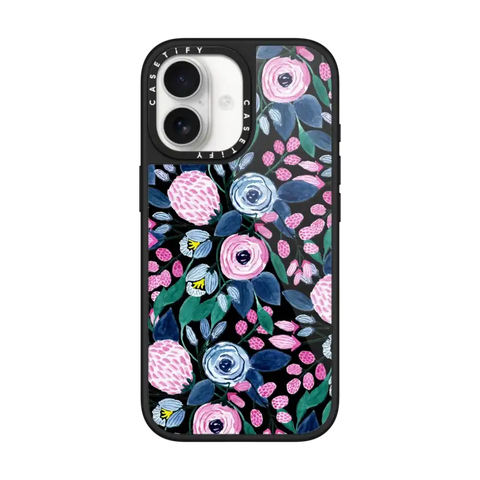 Girly Pink Navy Blue Watercolor Flowers Roses Leaves Pattern