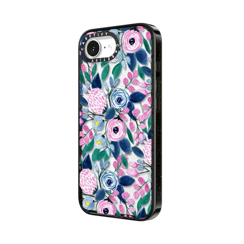 Girly Pink Navy Blue Watercolor Flowers Roses Leaves Pattern