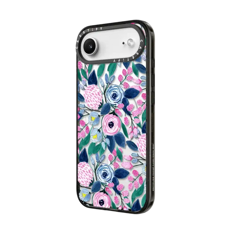 Girly Pink Navy Blue Watercolor Flowers Roses Leaves Pattern