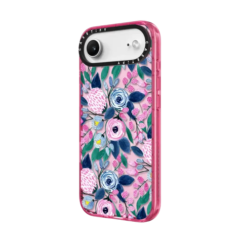 Girly Pink Navy Blue Watercolor Flowers Roses Leaves Pattern