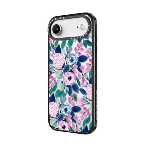 Girly Pink Navy Blue Watercolor Flowers Roses Leaves Pattern