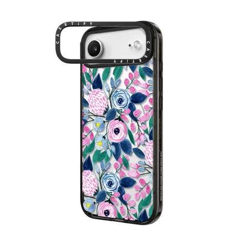 Girly Pink Navy Blue Watercolor Flowers Roses Leaves Pattern