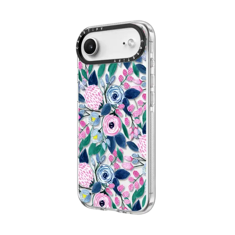 Girly Pink Navy Blue Watercolor Flowers Roses Leaves Pattern
