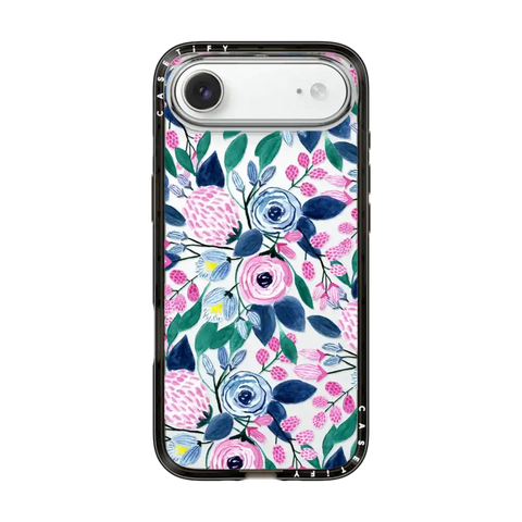 Girly Pink Navy Blue Watercolor Flowers Roses Leaves Pattern
