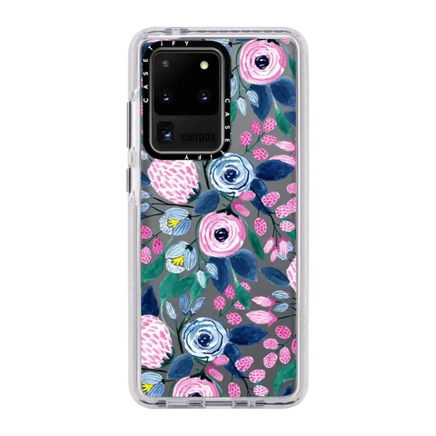 Girly Pink Navy Blue Watercolor Flowers Roses Leaves Pattern