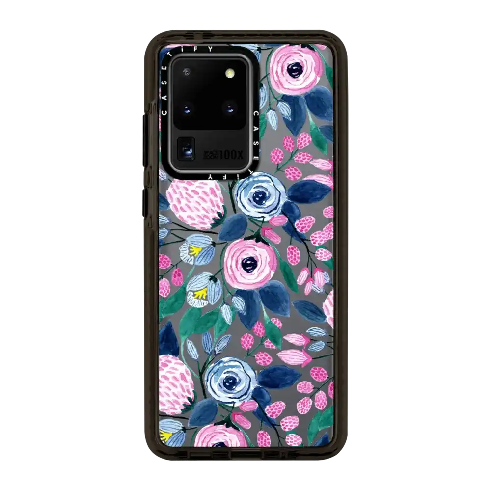 Girly Pink Navy Blue Watercolor Flowers Roses Leaves Pattern
