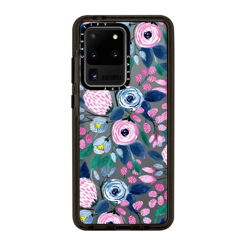 Girly Pink Navy Blue Watercolor Flowers Roses Leaves Pattern