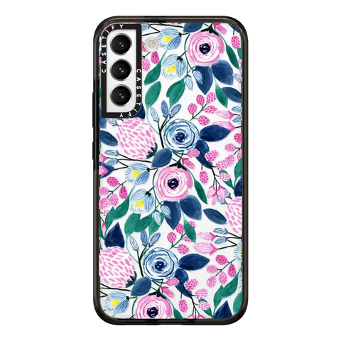 Girly Pink Navy Blue Watercolor Flowers Roses Leaves Pattern