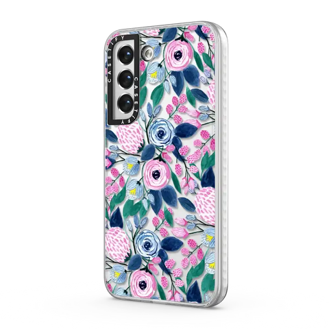 Girly Pink Navy Blue Watercolor Flowers Roses Leaves Pattern