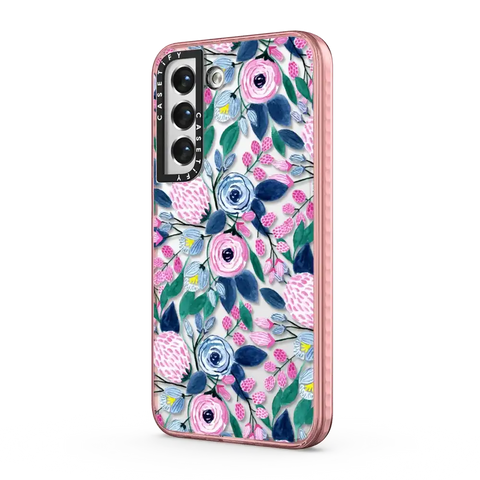 Girly Pink Navy Blue Watercolor Flowers Roses Leaves Pattern
