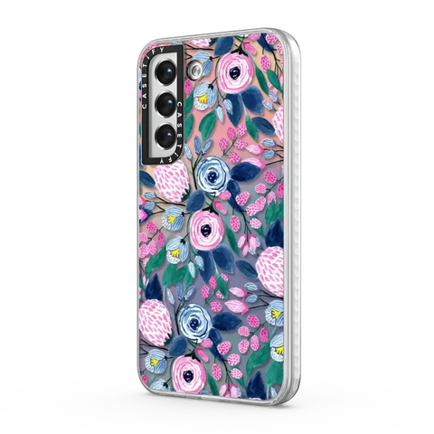 Girly Pink Navy Blue Watercolor Flowers Roses Leaves Pattern