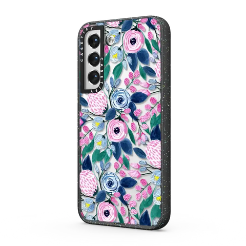 Girly Pink Navy Blue Watercolor Flowers Roses Leaves Pattern