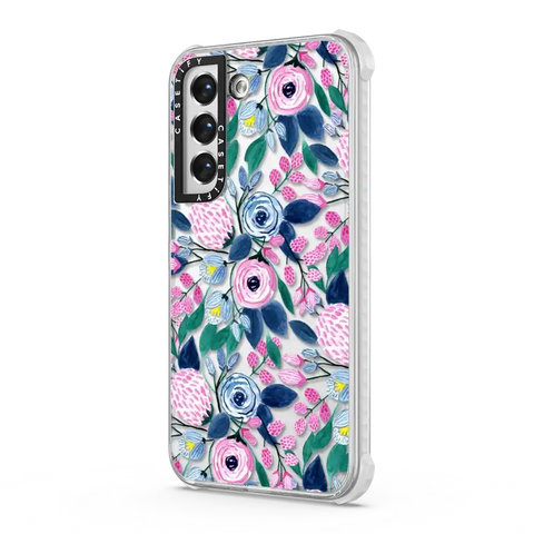 Girly Pink Navy Blue Watercolor Flowers Roses Leaves Pattern