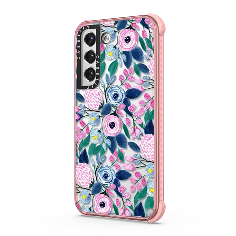 Girly Pink Navy Blue Watercolor Flowers Roses Leaves Pattern