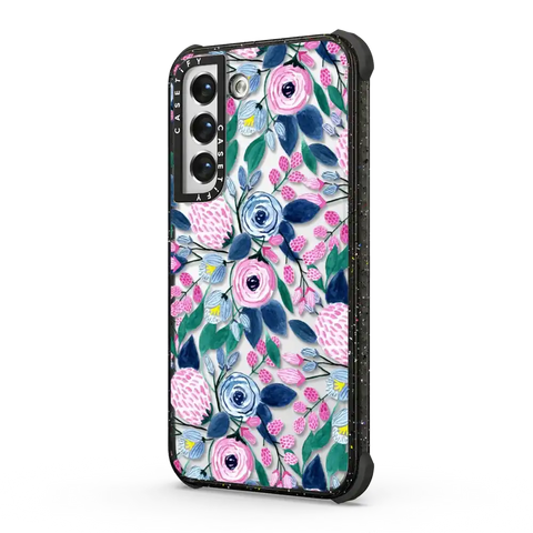 Girly Pink Navy Blue Watercolor Flowers Roses Leaves Pattern
