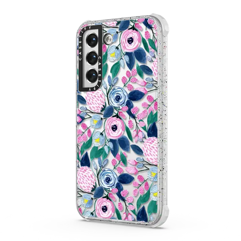 Girly Pink Navy Blue Watercolor Flowers Roses Leaves Pattern
