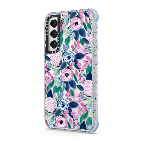 Girly Pink Navy Blue Watercolor Flowers Roses Leaves Pattern