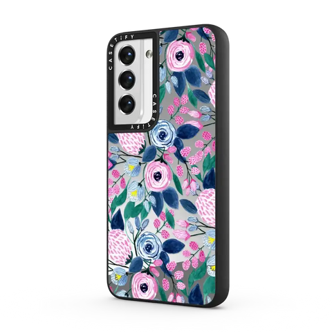 Girly Pink Navy Blue Watercolor Flowers Roses Leaves Pattern