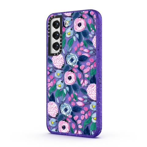 Girly Pink Navy Blue Watercolor Flowers Roses Leaves Pattern