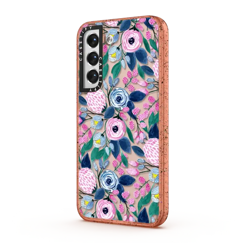 Girly Pink Navy Blue Watercolor Flowers Roses Leaves Pattern
