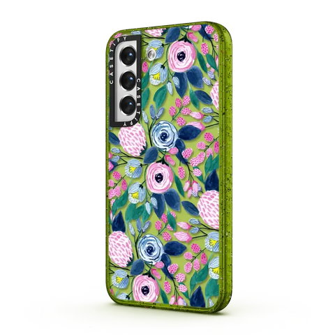 Girly Pink Navy Blue Watercolor Flowers Roses Leaves Pattern