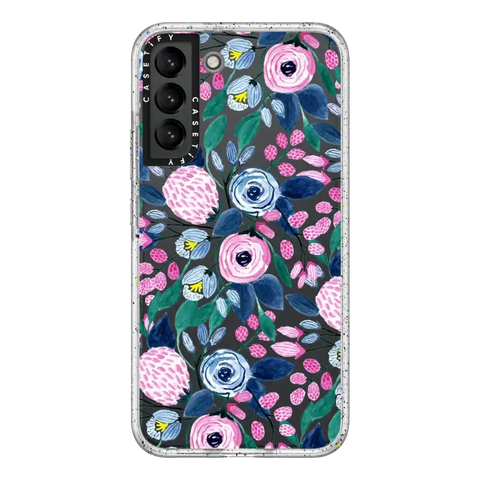 Girly Pink Navy Blue Watercolor Flowers Roses Leaves Pattern