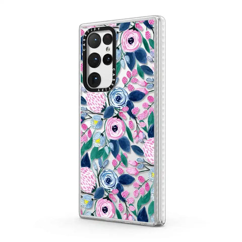 Girly Pink Navy Blue Watercolor Flowers Roses Leaves Pattern