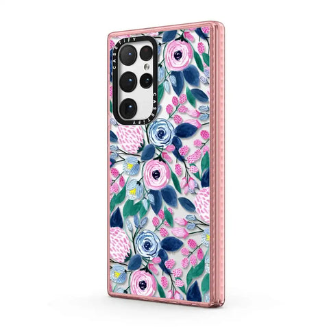 Girly Pink Navy Blue Watercolor Flowers Roses Leaves Pattern