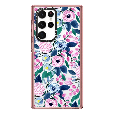 Girly Pink Navy Blue Watercolor Flowers Roses Leaves Pattern