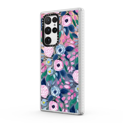 Girly Pink Navy Blue Watercolor Flowers Roses Leaves Pattern
