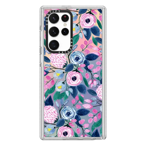 Girly Pink Navy Blue Watercolor Flowers Roses Leaves Pattern