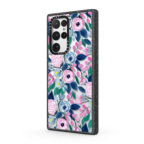 Girly Pink Navy Blue Watercolor Flowers Roses Leaves Pattern