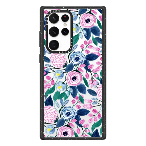 Girly Pink Navy Blue Watercolor Flowers Roses Leaves Pattern