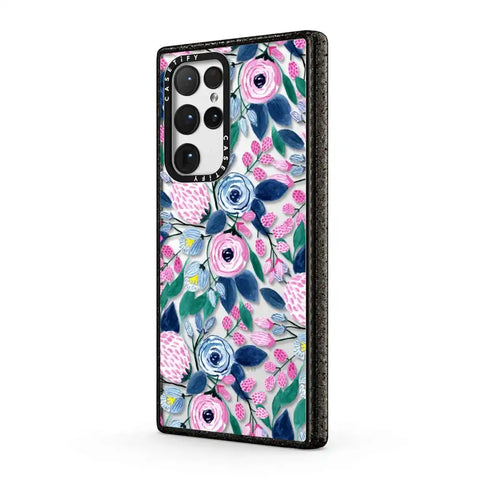 Girly Pink Navy Blue Watercolor Flowers Roses Leaves Pattern