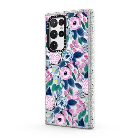 Girly Pink Navy Blue Watercolor Flowers Roses Leaves Pattern