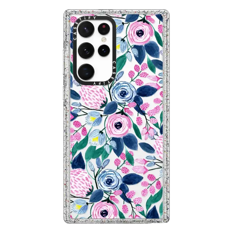Girly Pink Navy Blue Watercolor Flowers Roses Leaves Pattern