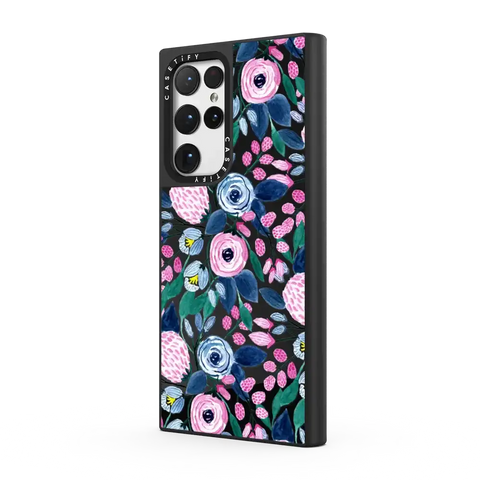 Girly Pink Navy Blue Watercolor Flowers Roses Leaves Pattern